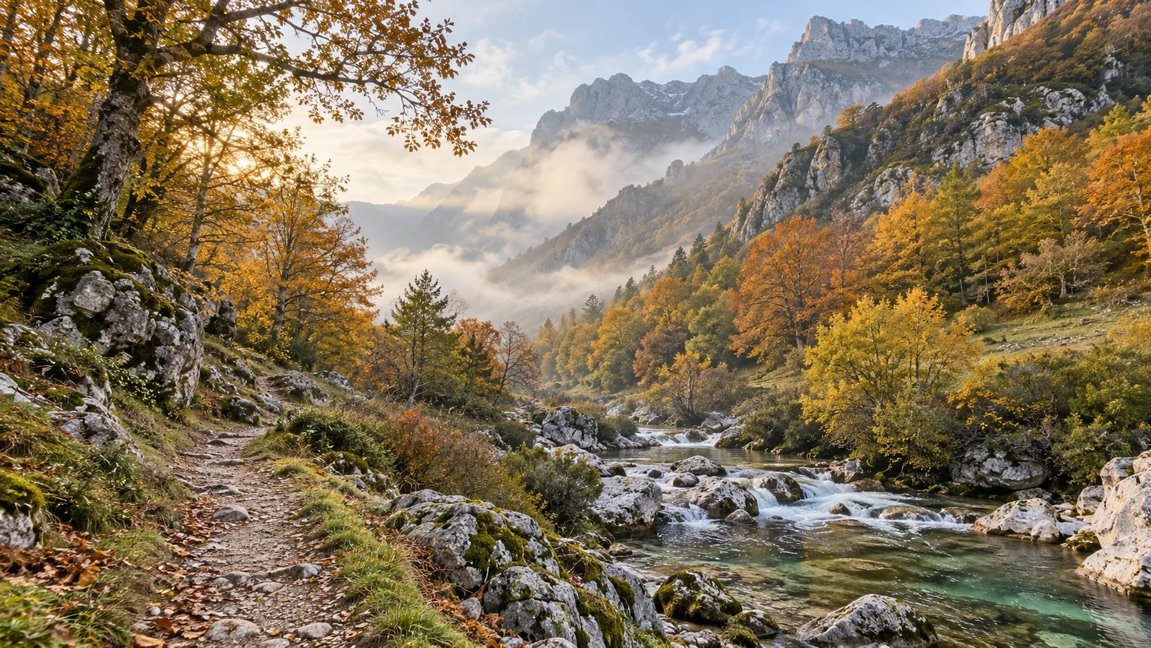 Paisaje de montaña con un río y árboles otoñales